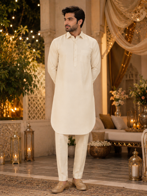 Cream colour linen based kurta with pants (slight variation in color and design is possible )