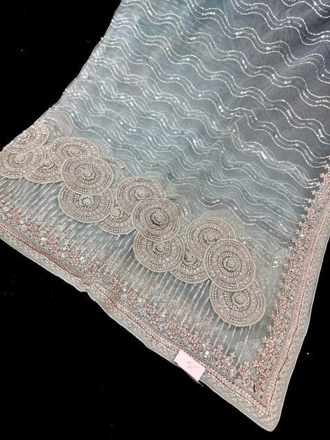 (Video Clip attached )Heavy work designer Saree with netting base fabric and stones work design all over with heavy embroidery work