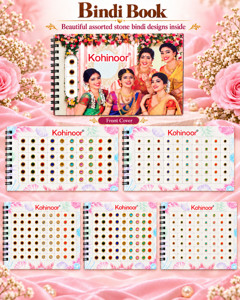 Beautiful bindi book featuring assorted colourful stone-studded bindis in different sizes & designs.Perfect for everyday wear, parties, weddings and festive occasions. Each book contains approximately 300 bindis.Slight variation in colour,design may occur