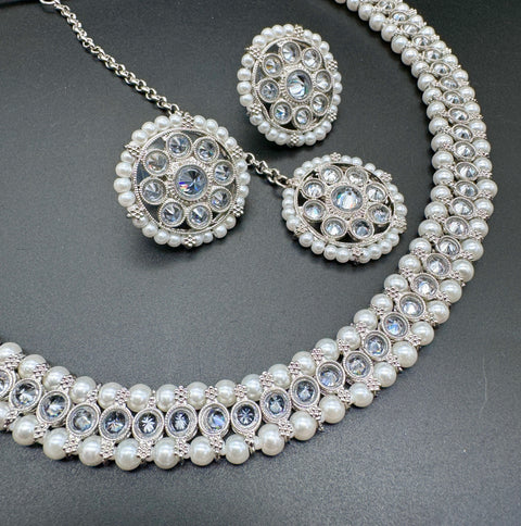 Polki And Pearls Work Beautiful Necklace Set With studs & Tikka