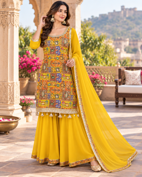 Silk-blend patchwork kameez with mirror & stone work, paired with a flowy circular palazzo and plain georgette dupatta with golden border. Slight variation in colour/design possible