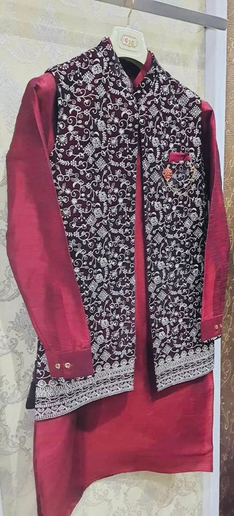 Embroidery work Velvet Jacket With Raw Silk Based Kurta & pants