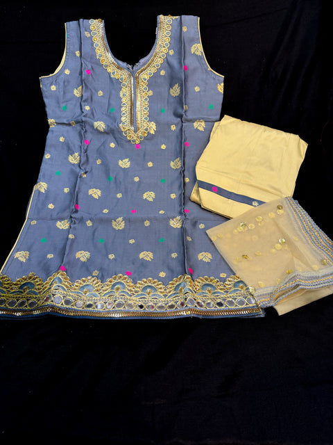 Grey color silk based embroidery neck work Punjabi suit