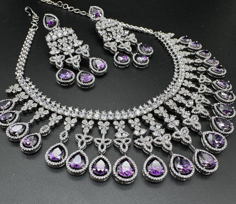 Bridal wear purple & Silver crystals American Diamond beautiful necklace set with crystal American diamonds