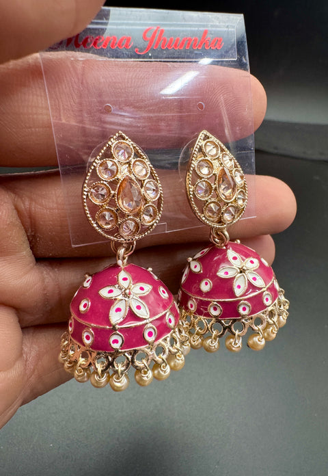 Polki Stone With Pearls Work Beautiful Meenakari Jhumka