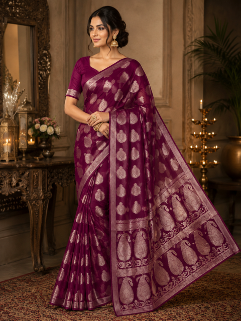 Very Soft Pure georgette chiffon based Beautiful zari work Banarasi look Saree(Blouse Shown Is For Reference Only. The Blouse Piece Is Included With The Saree As Unstitched Fabric)(slight variation in color and design is possible )