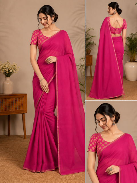 Soft Georgette saree with gold zari woven border , Comes With An Unstitched Blouse Piece Attached To The Saree (Slight Variation In Color And Design Is Possible)