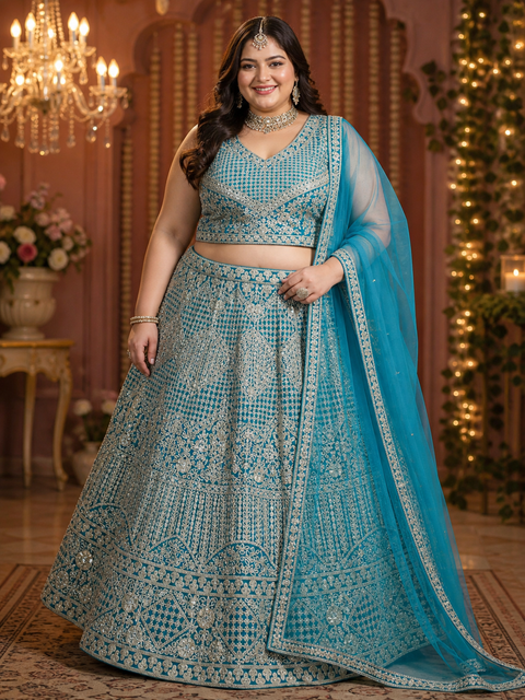 Plus size Netting based heavy embroidery with mirror work designer blouse with heavy flared lehnga and netting based sequined work dupatta