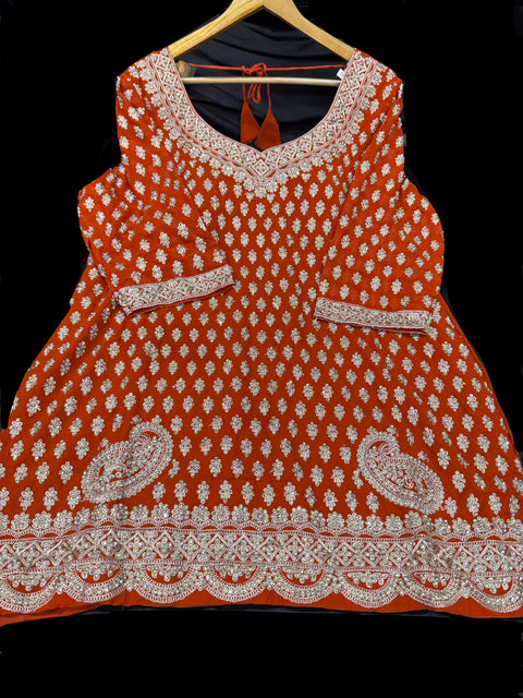 (Video clip attached) Rust Orange color georgette based embroidery with stone work with big flared embroidery work plazo and embroideryh work georgette dupatta (size 48 and can be altered upto 50)