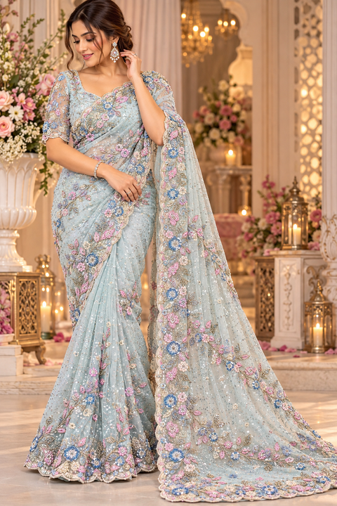 Elegant net saree intricate floral embroidery, shimmering sequins, beads and a beautifully detailed border.Comes with an attached embroidered blouse piece.Blouse worn by the model is for reference only. Slight variation in colour & design may occur