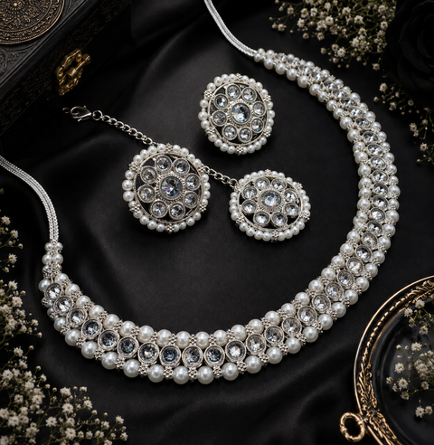 Polki And Pearls Work Beautiful Necklace Set With studs & Tikka