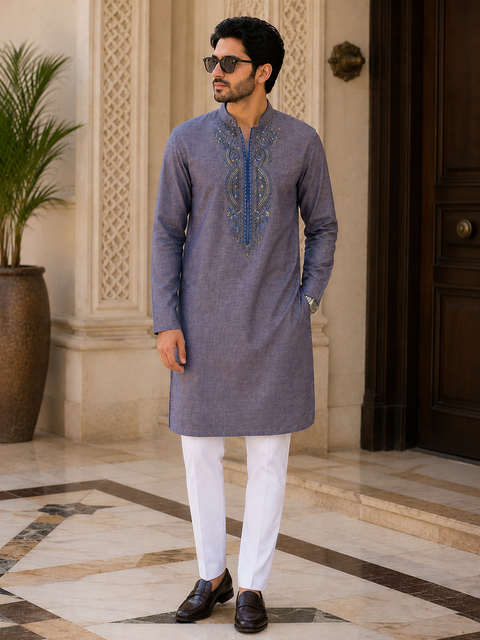 Raw silk based embroidery neck design kurta with pajama pants (slight variation in color and design is possible