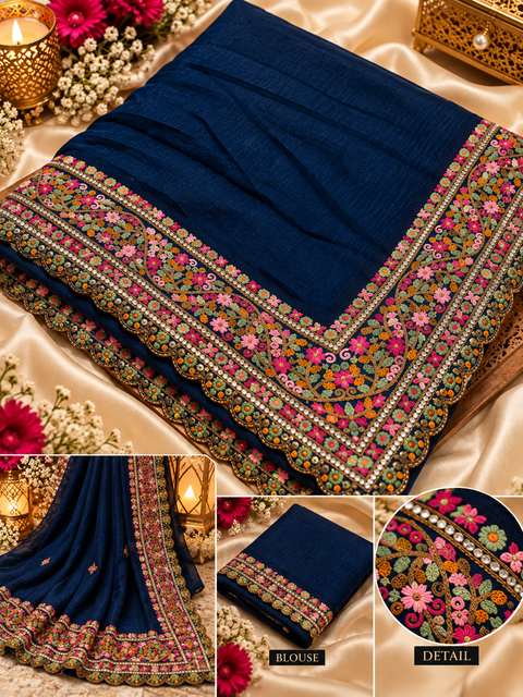 Soft Silk Blend Saree featuring a rich multicolour floral embroidered border with elegant scalloped detailing. Attached blouse piece included; model blouse is for reference only. Slight variation in colour and design is possible.