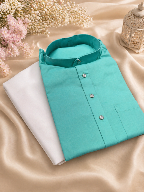 Seafoam green  colour cotton based plain kurta with white pajama (slight variation in color and design is possible )