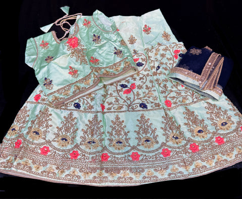 Pastel mint colour silk based heavy embroidery work with stones readymade lehnga & blouse & contrast dupatta lehnga