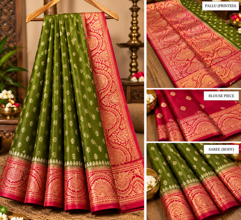 Soft & glossy crepe silk saree with a smooth, lightweight feel and beautifully flowy drape. Featuring rich woven zari floral motifs and an elegant detailed border .Blouse piece included. Slight variation in colour and design is possible.