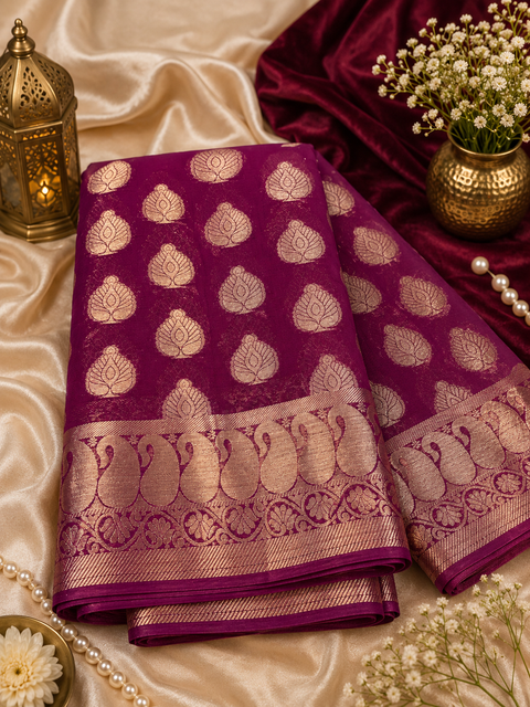 Very Soft Pure georgette chiffon based Beautiful zari work Banarasi look Saree(Blouse Shown Is For Reference Only. The Blouse Piece Is Included With The Saree As Unstitched Fabric)(slight variation in color and design is possible )