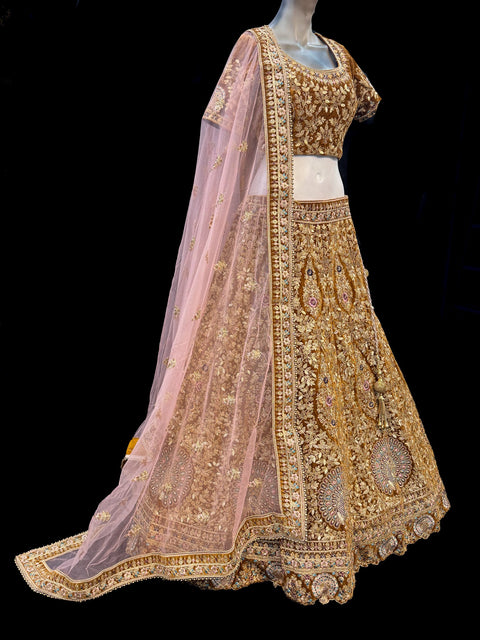 (Clip attached S-40(44))Brown colour velvet based beautiful peacock design embroidery work stones work very heavy layered ken heavy Designer Bridal Lehnga with heavy tessels attached to blouse & Lehnga & heavy work lace beaded dupatta