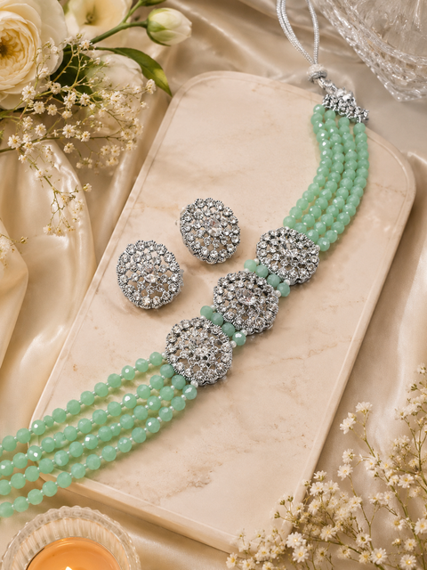 Silver stone pendant choker with pastel lime green pearls (slight variation in color and design is possible)