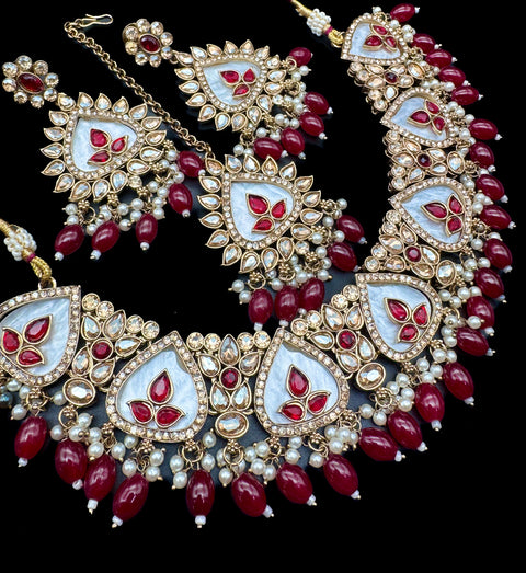 Original Polki stone with pearls beaded work beautiful necklace with earrings and tikka set
