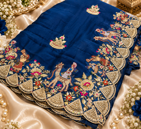 Elegant soft saree featuring intricate traditional figure and floral handwork with a rich scalloped border for a festive statement look. Attached blouse piece included; model blouse is for reference only. Slight variation in colour and design is possible.