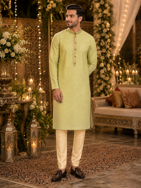 Mint color cotton silk design designer kurta with pajama pants (slight variation in color and design is possible )