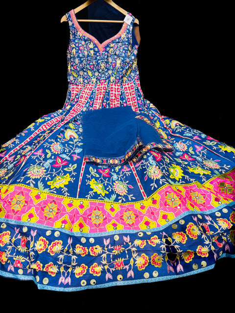 Silk based printed with Mirror work heavy flared gown and dupatta