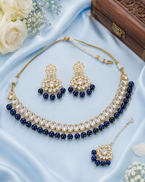 Pearls With kundan Work Necklace Set With Earrings & Tikka