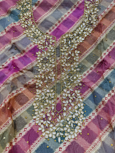 Pastel pink shades Organza silk based embroidery with handwork kameez with plain silk bottom fabric (2.75 mtrs) and chiffon silk heavy handwork dupatta