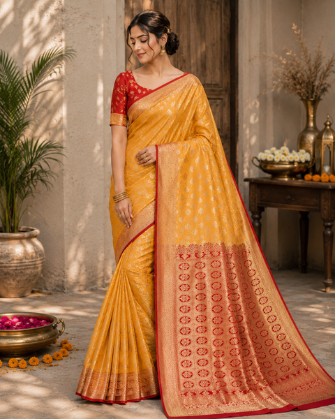 Art silk beautiful design Saree with contrast Pallu and Blouse , blouse piece is attached to Saree(slight variation in color and design is possible)