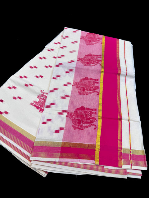 KERALA KASAVU COTTON SAREE WITH BEAUTIFUL ELEPHANT PRINT