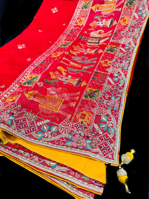 (Video clip attached) Beautiful soft silk Saree with hand embroidery work and designer contrast blouse with embroidery design