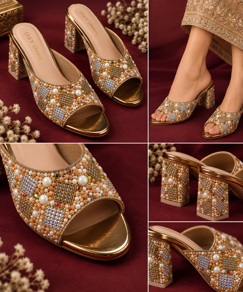 Elegant open-toe block heels with beautiful pearl, bead and stone work all over. The comfortable slip-on style and embellished heel make them perfect for weddings, parties and festive wear.