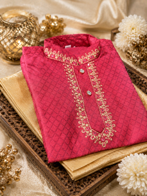 Kids Pink Kurta Pajama Set – Comfortable festive wear with golden pajama, perfect for weddings and celebrations. Slight color and design variation may be possible.
