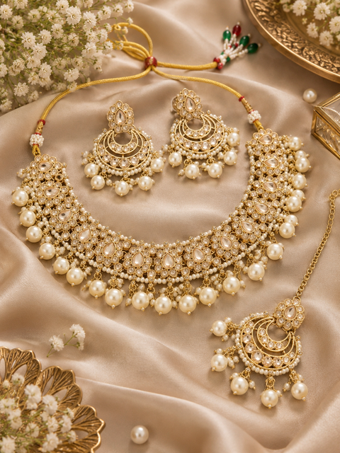 Beautiful polki stones with pearls and colorful stones necklace & earrings with Tikka. Slight variations in colour and design are possible