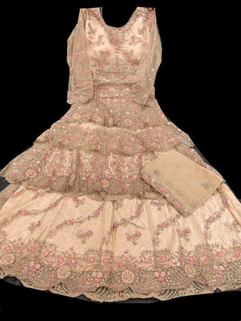 Netting based Golden stones and embroidery work all over front & back of kameez with stone work and beautiful lehnga & netting dupatta (Size 42 and can be altered upto 44)