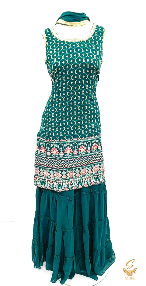 size 40 (upto 42) Deep plum colour sequin work with embroidery work georgette based  sharara suit