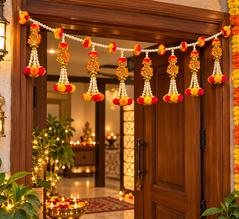 Om design Festive Diwali Door Toran – Beautifully designed with colourful pom-poms, pearl detailing and elegant golden hanging accents. Slight variation in colour and design may occur