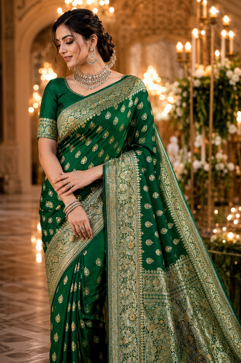 Luxurious Banarasi Silk Saree With Rich Zari Weaving And Elegant Stone Work On The Pallu. Comes With An Attached Blouse Piece. Model Image Is For Reference Only; Slight Variation In Color And Design May Occur.