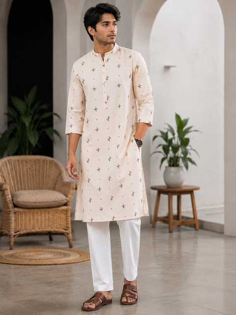 Pastel Rosegold colour cotton kurta with pajama pants (slight variation in color and design is possible )
