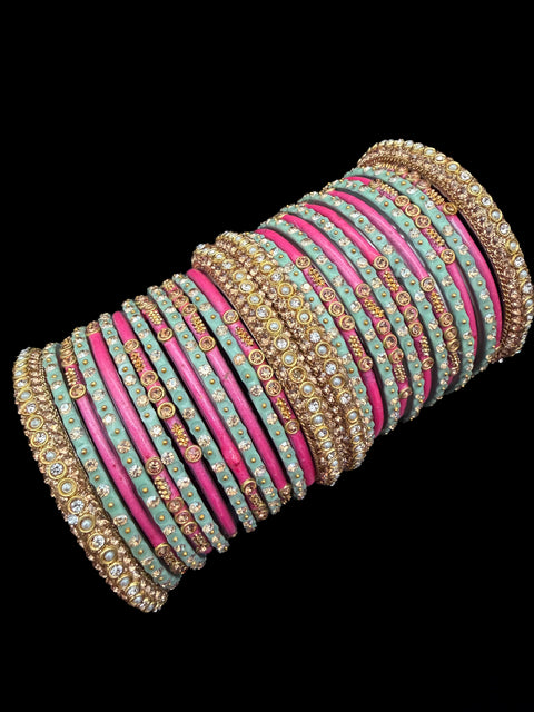 Mint & Pink Glass bangles with golden brass bangles set with latkan kade set(displayed picture is for both hands set) price is for whole set displayed in picture)