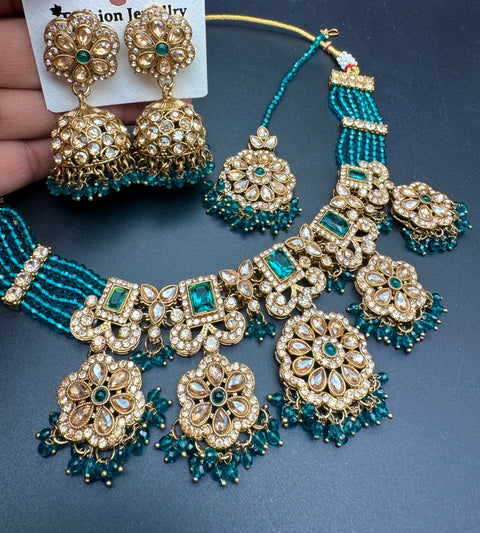 Original Polki stone with pearls beaded work beautiful necklace with jhumka and tikka set