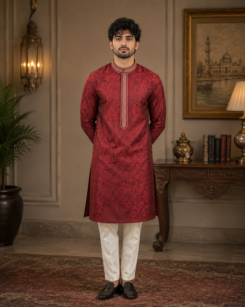 Soft Silk based brocade work neck embroidery designer Kurta with white Pajama (slight variation in color and design is possible)