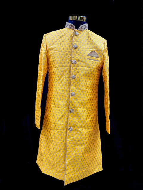 (Video clip attached )Yellow color silk based heavy embroidery work with all over sequinned work Jacket style Mens classy Indo western with (half sleeves Kurta ) and Pants