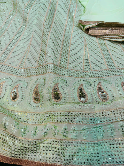 Georgette Based Lakhnavi Embroidery Work With Sequins Work All Over Lehnga And Crop Top Designer Blouse And Georgette Sequined Dupatta