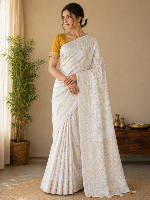 Soft Brocade Banarasi Beautiful Saree (very soft to set the pleates) Blouse Shown Is For Reference Only.The Blouse Piece Is Included With Saree As Unstitched