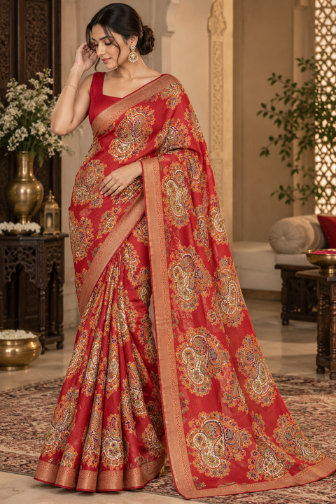 Soft Georgette Printed Saree – Lightweight and flowy with elegant all-over print and border. Matching blouse piece attached; model blouse is for reference only. Slight variation in colour/design is possible.