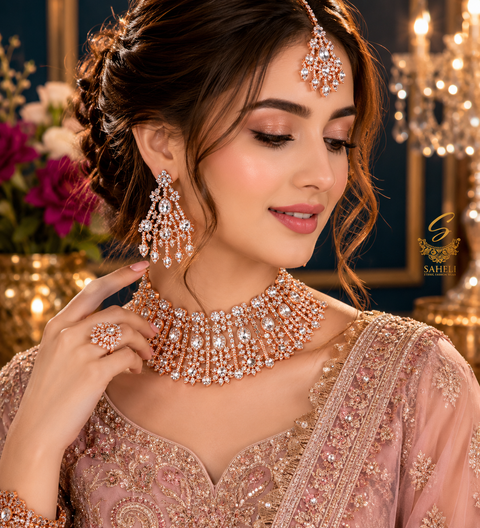 Rosegold & Silver Jerkan Stone Beautiful Necklace Set (slight variation in color and design is possible)