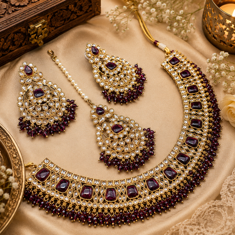 Original Polki stone with Kundan stone studded crystals and pearls Work Necklace Set With Earrings & Tikka