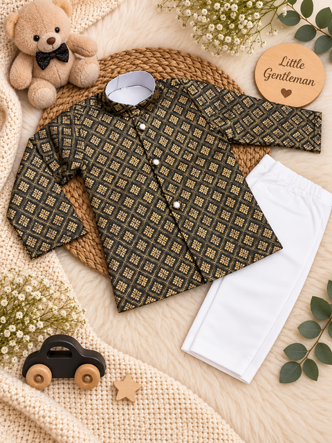 Adorable Brocade Silk Newborn Kurta Pajama Set with soft inner lining, easy front-open kurta and matching elasticated pajama for comfortable wear.Kurta L 35 cm,Chest 25 cm,Sleeve 24 cm,Pajama L 33 cm. Slight variation in colour & design may occur
